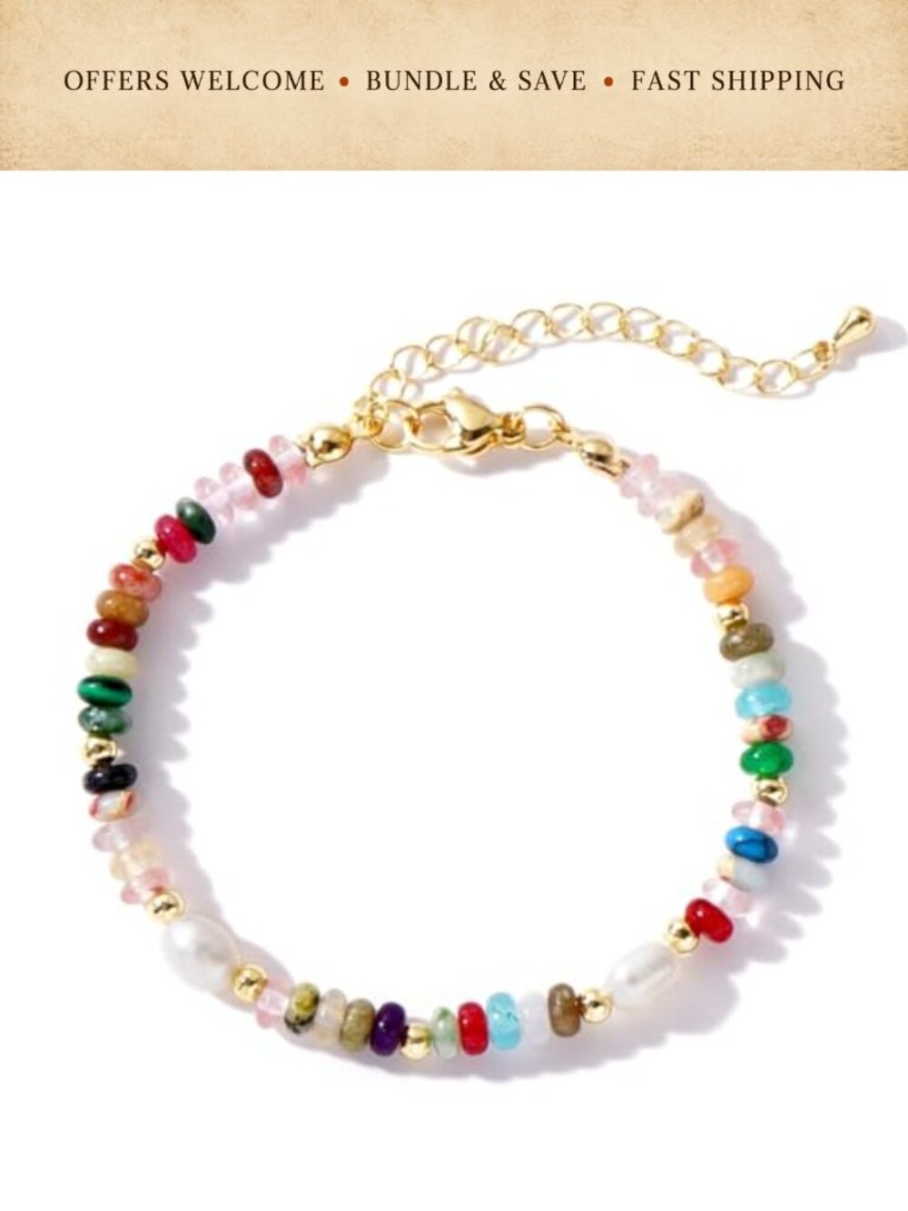 Handmade Boho Natural Stone & Freshwater Pearl Beaded Bracelet with Gold Plated
